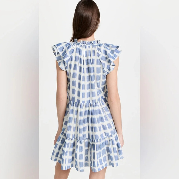Veronica Beard Zee Ikat Ruffle Tiered Cotton Mini Dress Boho White Blue Sz 4 - Picture 2 of 15